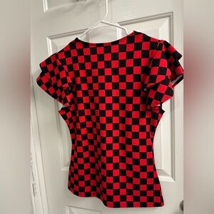 Checkered Ruffle Sleeve Blouse - Red and Black